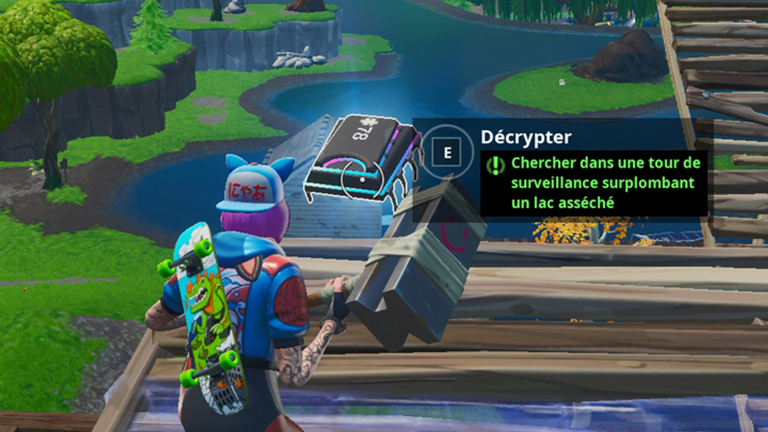 Fortnite : Puce 78 Décryptage, Chercher dans une tour de surveillance surplombant un lac asséché, Défi