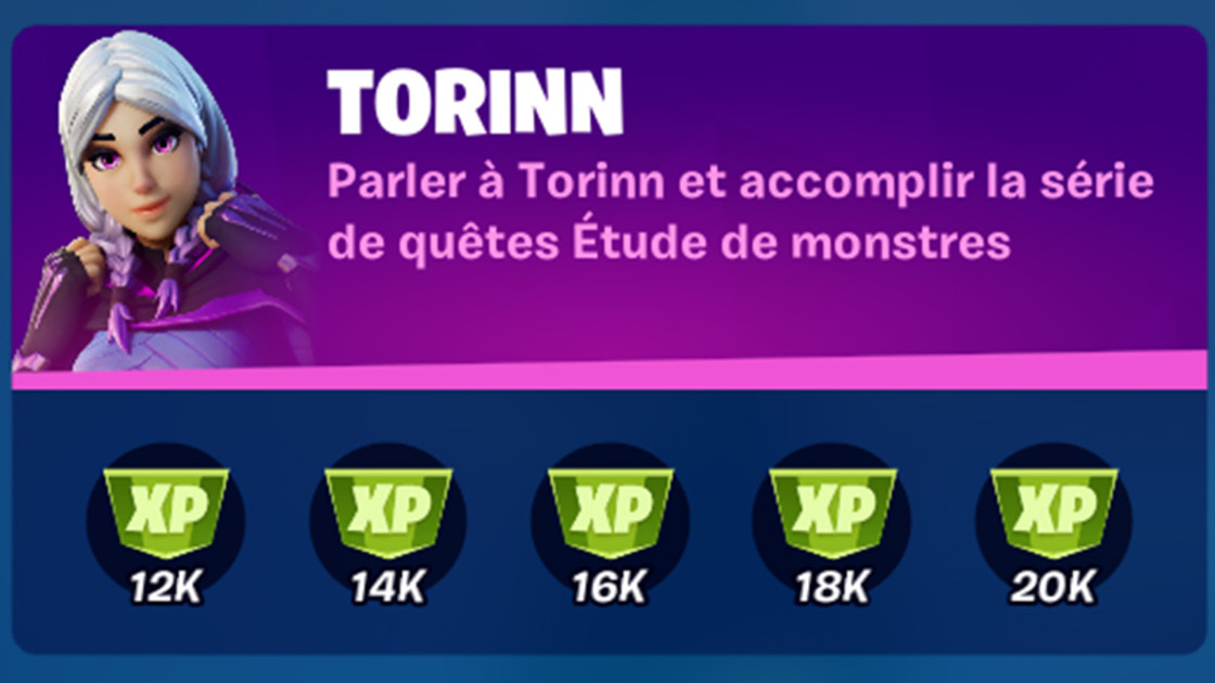 Parler à Torinn et accomplir la série de quêtes Etude de monstres dans Fortnite, défi saison 8