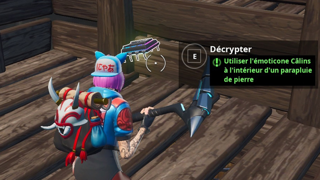 Fortnite : Utiliser l'émoticone Câlins à l'intérieur d'un parapluie de pierre, puce 7 défis Décryptage