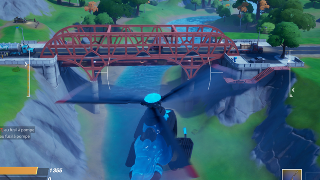 Fortnite : Voler avec le Choppa sous les ponts en acier violet, rouge et bleu, défi semaine 8 saison 2