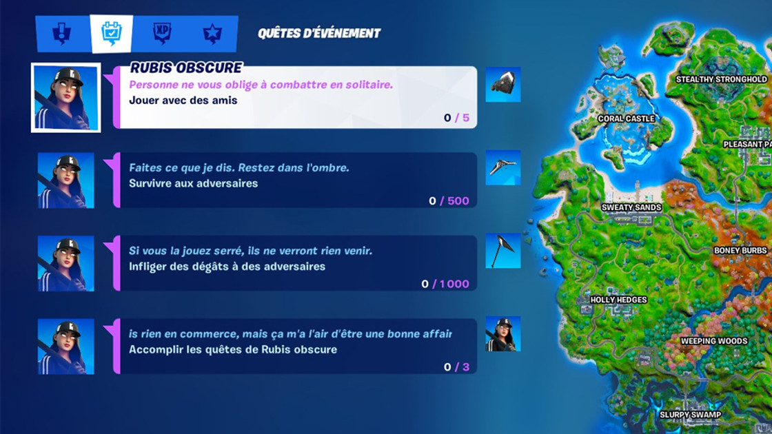 Défis Fortnite Rubis obscure du pack Ombre des rues