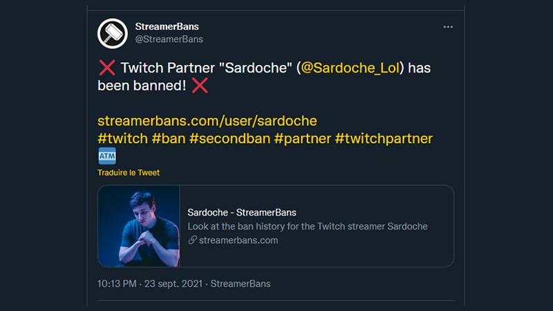 Pourquoi Sardoche est ban de Twitch ?