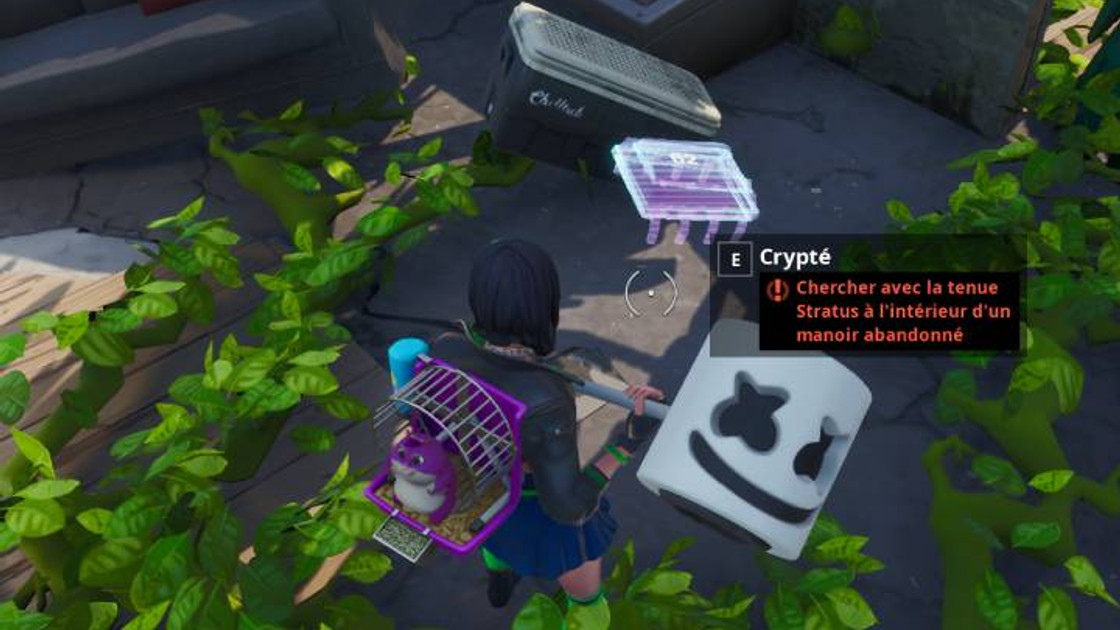 Fortnite : Puce 62 Décryptage, Chercher avec la tenue Stratus à l'intérieur d'un manoir abandonné, Défi