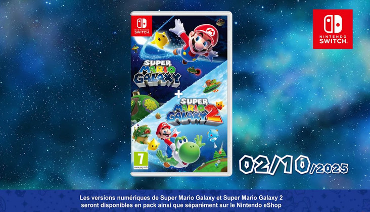 Super Mario Galaxy et Super Mario Galaxy 2 réunis dans un seul pack, sortie le 2 octobre 2025 sur Nintendo Switch