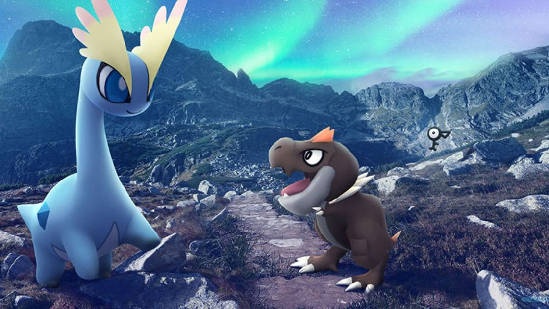 Journée de l'Étude ciblée, avec Ptyranidur, Amagara, Kranidos (shiny) et Dinoclier (shiny) pendant l'Ultra Bonus sur Pokémon GO