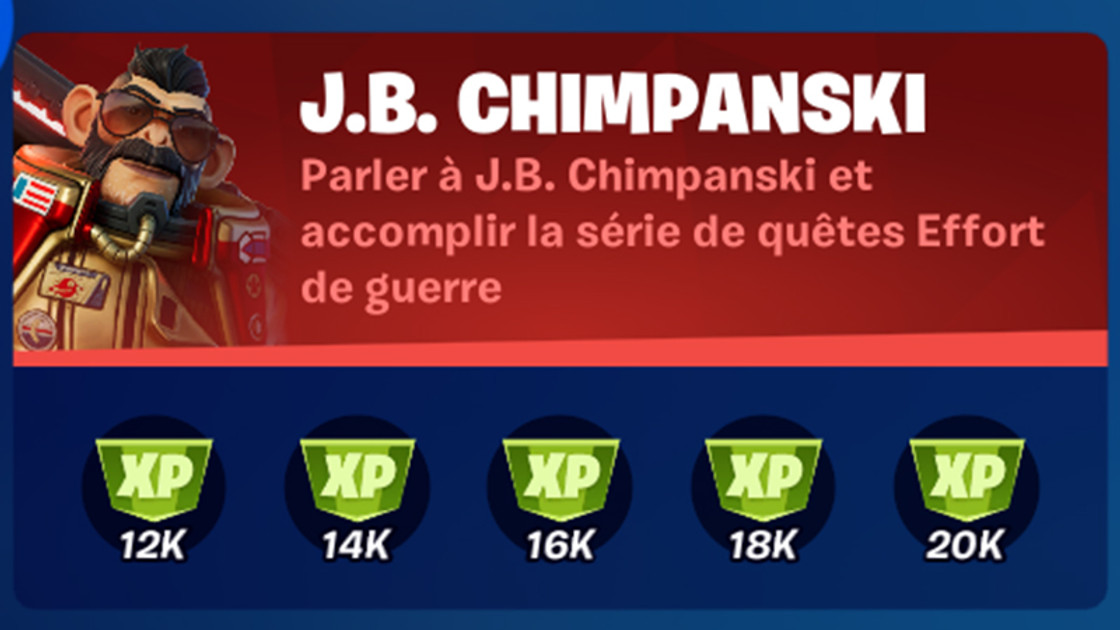 Parler à J B Chimpanski et accomplir la série de quêtes Effort de guerre dans Fortnite, défi saison 8