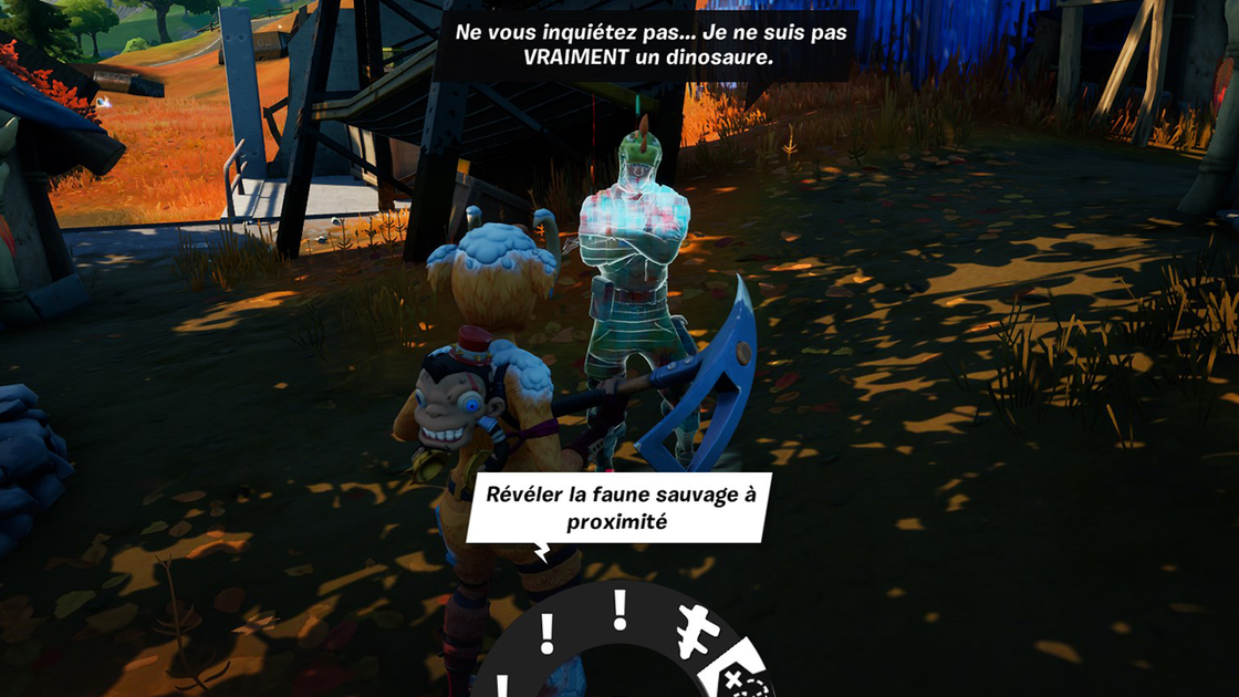 Obtenir un renseignement sur la faune sauvage auprès de Broussaille, Tarana, Rex, Pioupiou ou Sergent Steak sur Fortnite, défis saison 6