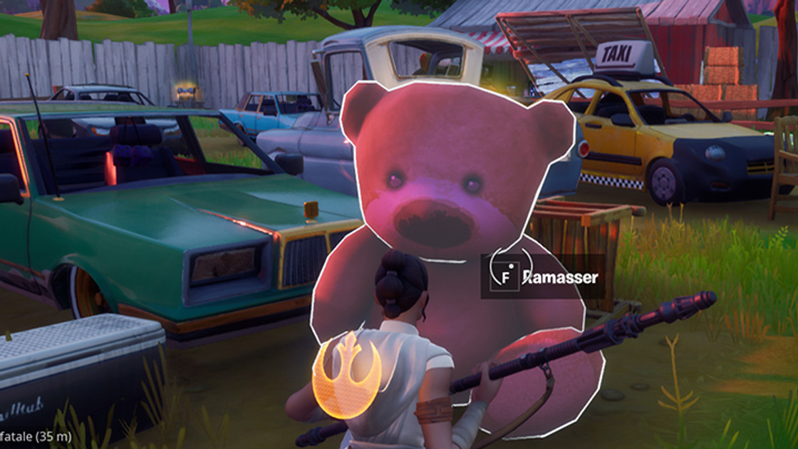 Fortnite : Porter un ours en peluche rose géant trouvé à Risky Reels sur 100m, défi de Midas