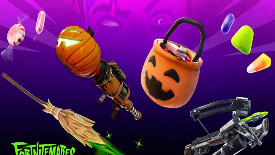 Balai de sorcière, arbalète à démons et lance-citrouilles, armes et objets pour Halloween sur Fortnite