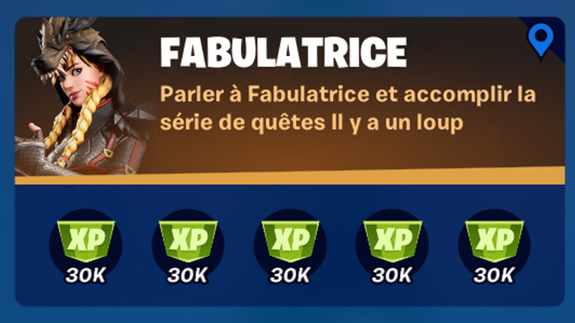 Parler à Fabulatrice et accomplir la série de quêtes Il y a un loup dans Fortnite, défi saison 8