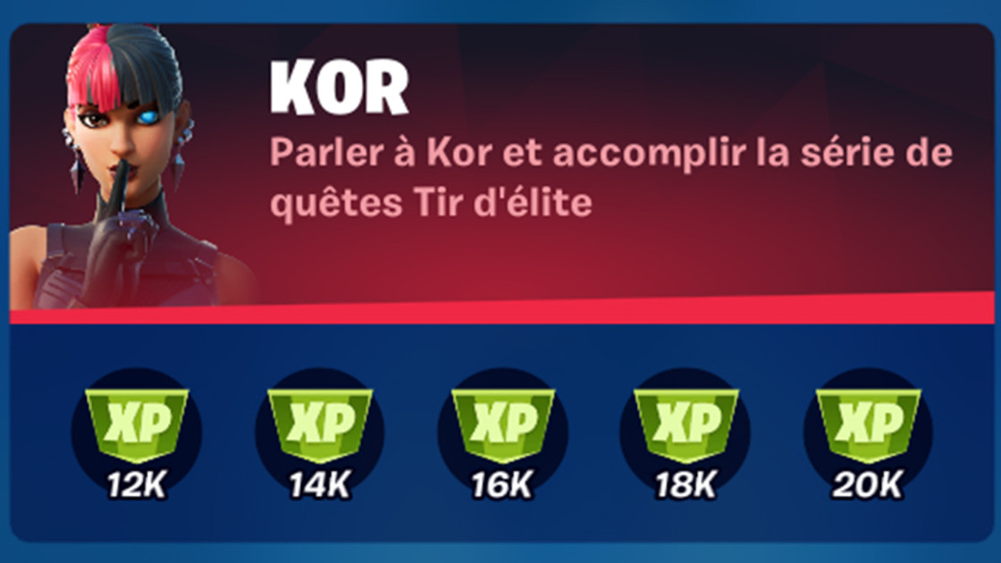 Parler à Kor et accomplir la série de quêtes Tir d'élite dans Fortnite, défi saison 8