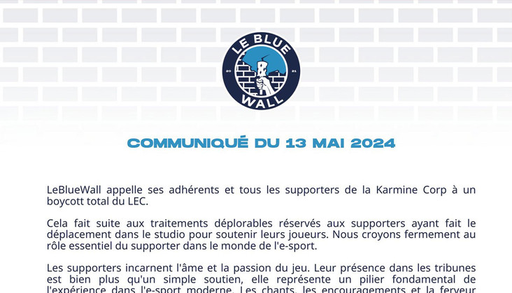 Boycott LEC : le Blue Wall, l'association de fan de la Karmine Corp, appelle à boycotter la compétition européenne de LoL