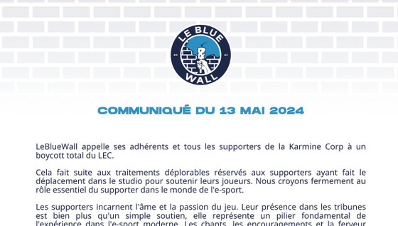 Boycott LEC : le Blue Wall, l'association de fan de la Karmine Corp, appelle à boycotter la compétition européenne de LoL