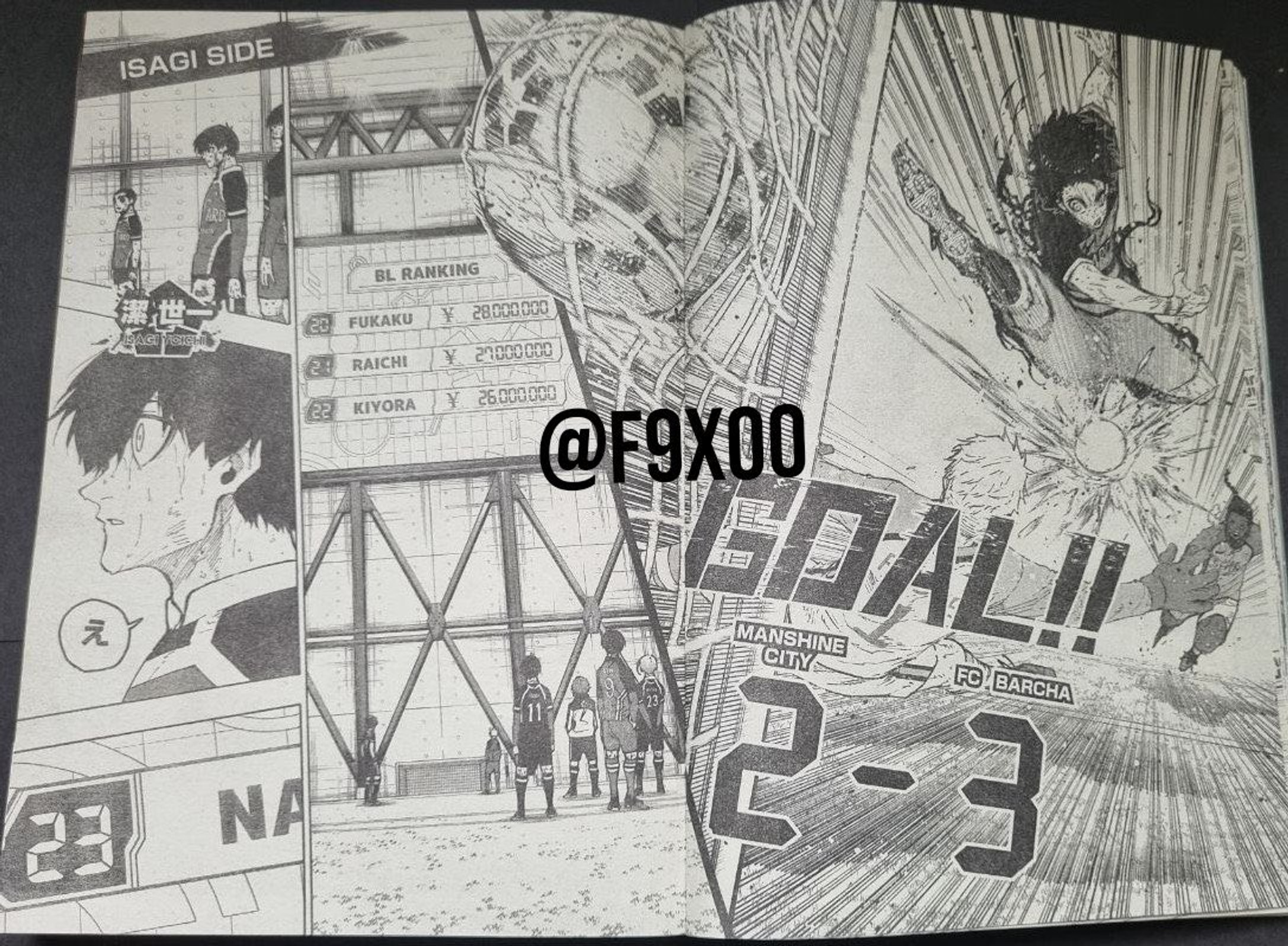 A manga illustration featuring a soccer scene. On the left side, a character with spiky black hair looks surprised or shocked, contemplating an event related to soccer. Next to him, there is a scoreboard listing player rankings and values, with characters named Fukaku, Raichi, and Kiyora. On the right side, a dynamic illustration depicts an intense soccer moment where a player, possibly from FC Barcha, is about to score a goal, with the word 'GOAL!!' prominently displayed. The score, 'Manshine City 2 - 3 FC Barcha', is shown beneath the goal illustration. The overall scene conveys excitement and competitive energy in a sports context.