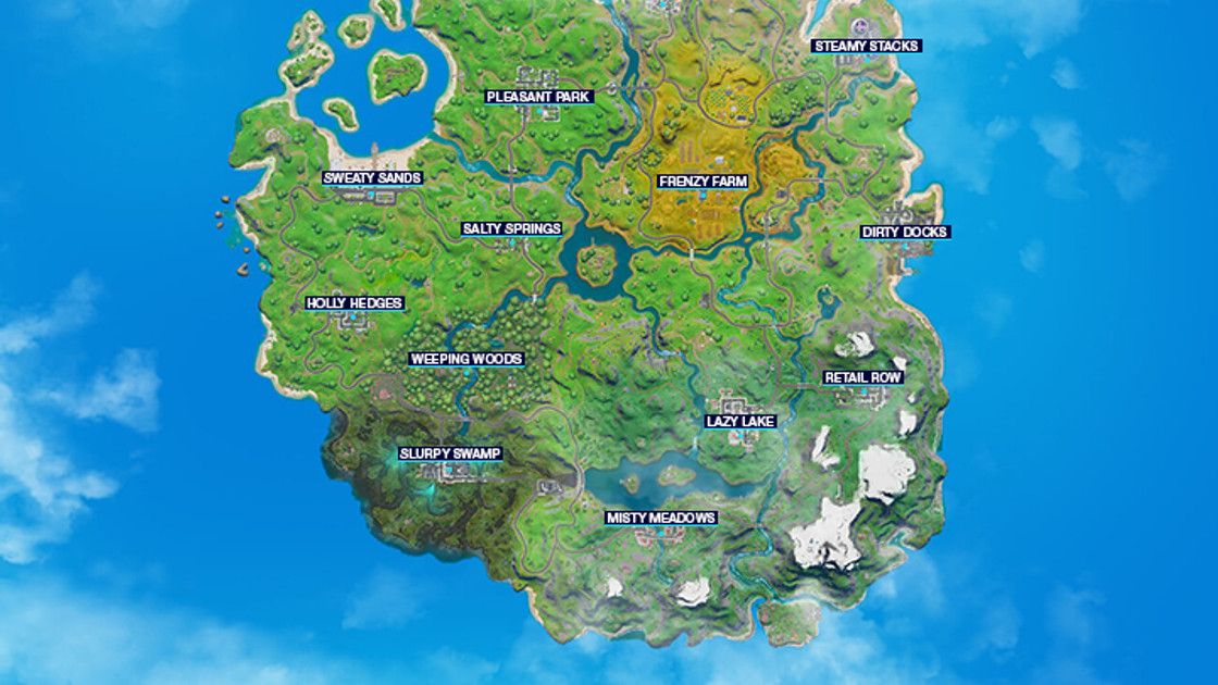 Fortnite : Map Chapitre 2, Saison 1, Nouvelle carte, Toutes les villes, Lieux-dits