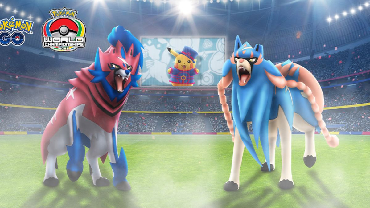 Championnats du Monde Pokémon 2022 dans Pokémon GO, avec Zacian, Zamazenta et Pikachu costumé