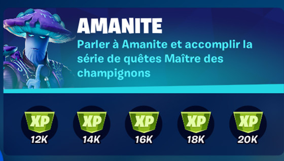 Défi : Parler à Amanite et accomplir la série de quêtes Maître des champignons