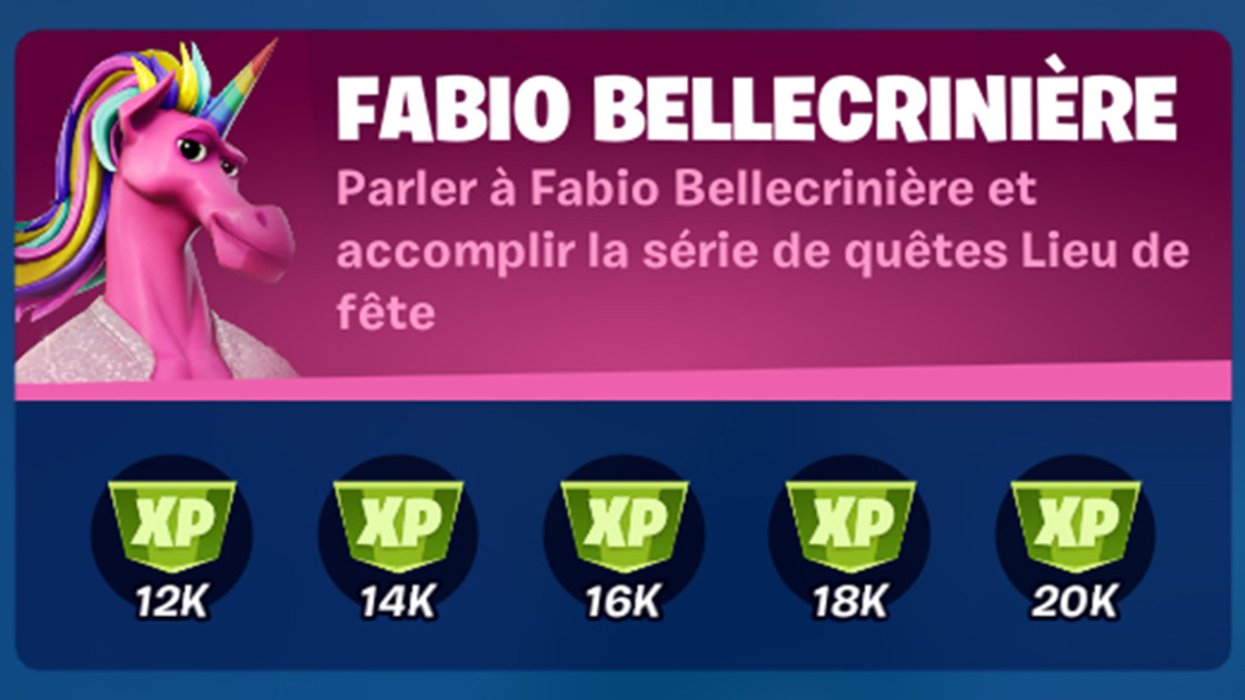 Parler à Fabio Bellecrinière et accomplir la série de quêtes Lieu de fête dans Fortnite, défi saison 8