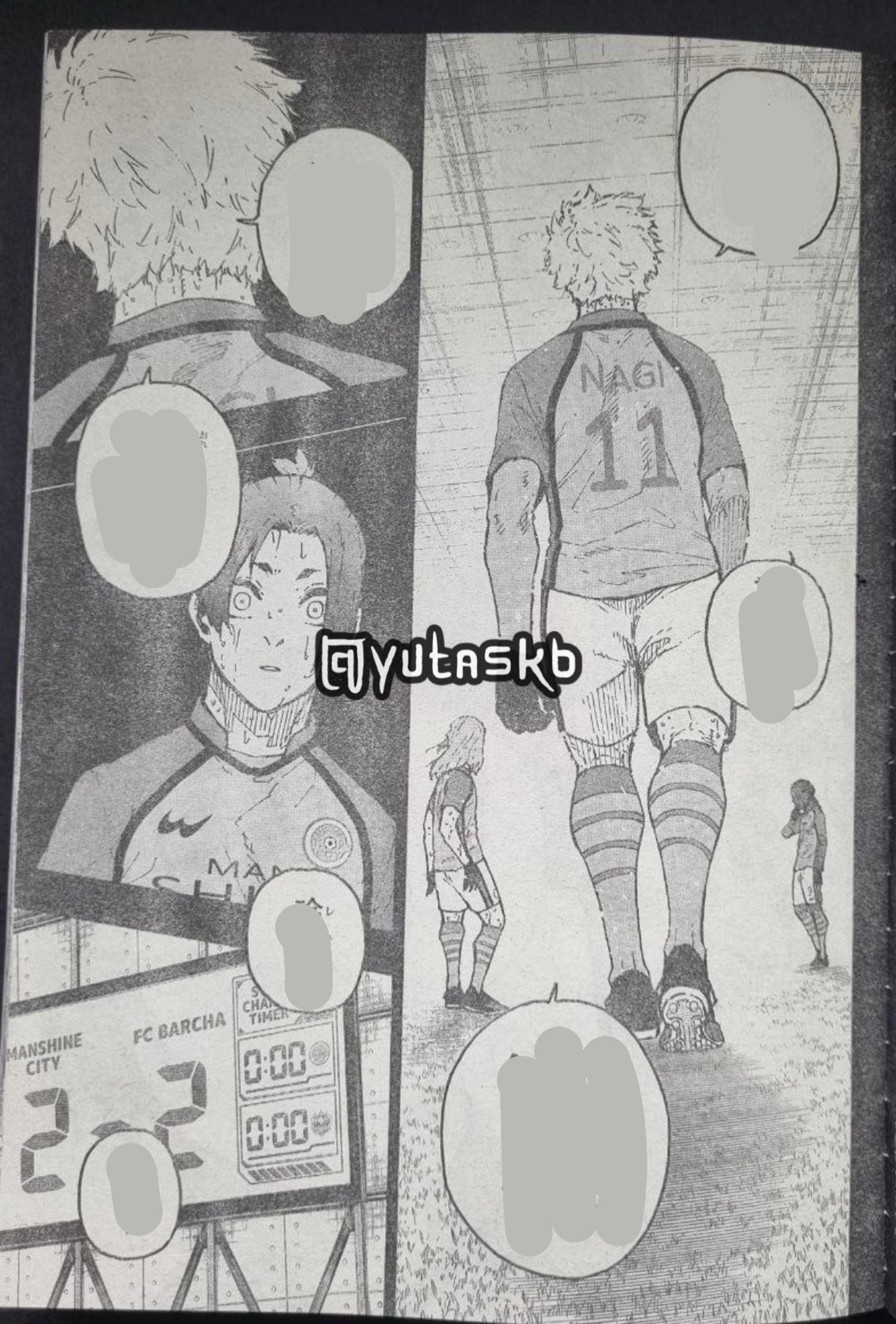 The image is a panel from a manga depicting a soccer scene. There are multiple characters shown: in one panel, a player with short, spiky hair is visible from behind, wearing a jersey with 'NAGI' and the number '11' on it. In another panel, a character with expressive facial features appears shocked or surprised. The scene includes a scoreboard reading 'MANSHINE CITY 2 - 2 FC BARCHA,' indicating a tied game. The background features a grassy field and additional characters in soccer attire, emphasizing the match setting. The overall style is black and white, typical of manga illustrations.