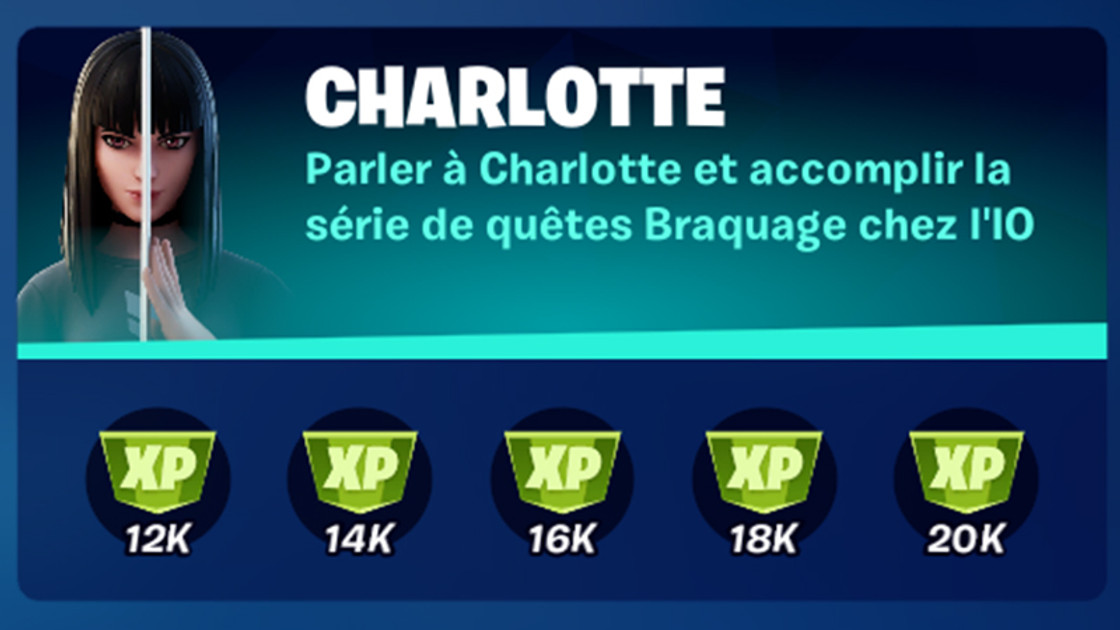 Parler à Charlotte et accomplir la série de quêtes Braquage chez l'IO dans Fortnite, défi saison 8