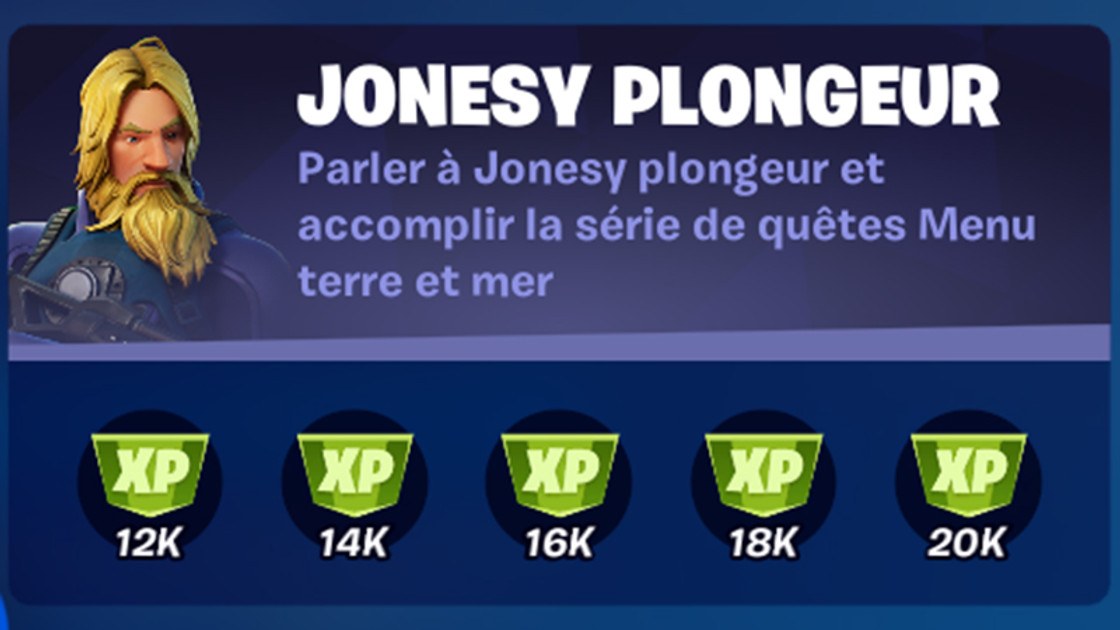 Parler à Jonesy Plongeur et accomplir la série de quêtes Menu terre et mer dans Fortnite, défi saison 8