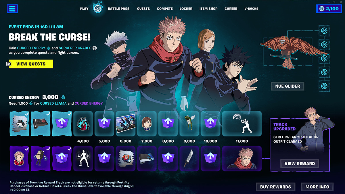 Défi Jujutsu Kaisen sur Fortnite : la liste complète des quêtes et des récompenses de Brisez la Malédiction !