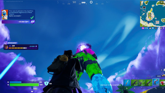 Défi : Tirer avec le pistolet à feu d'artifice au monument magistral ou à Tilted Towers