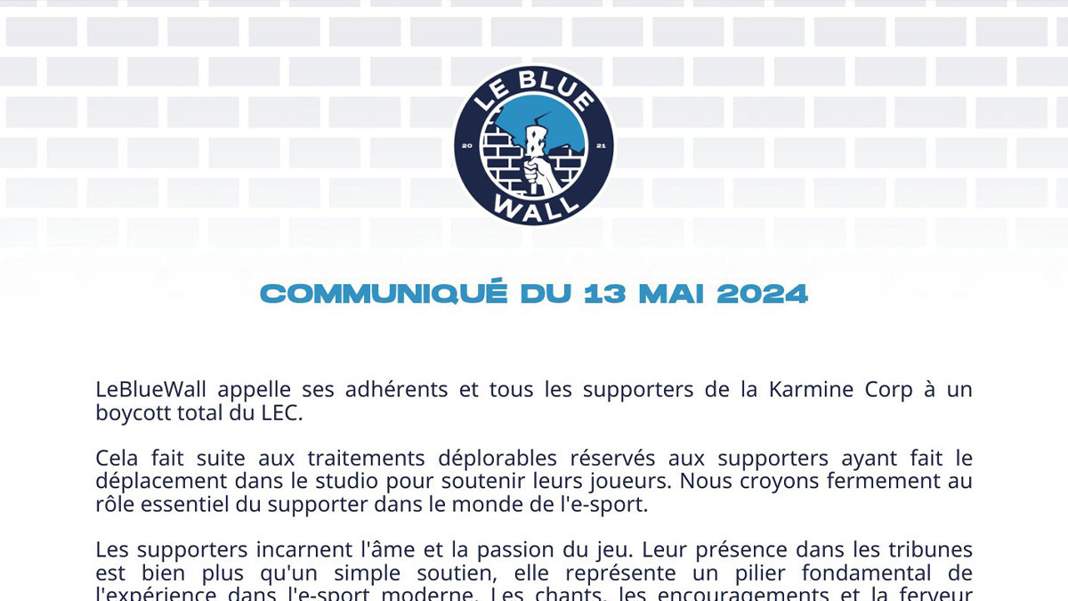 Boycott LEC : le Blue Wall, l'association de fan de la Karmine Corp, appelle à boycotter la compétition européenne de LoL