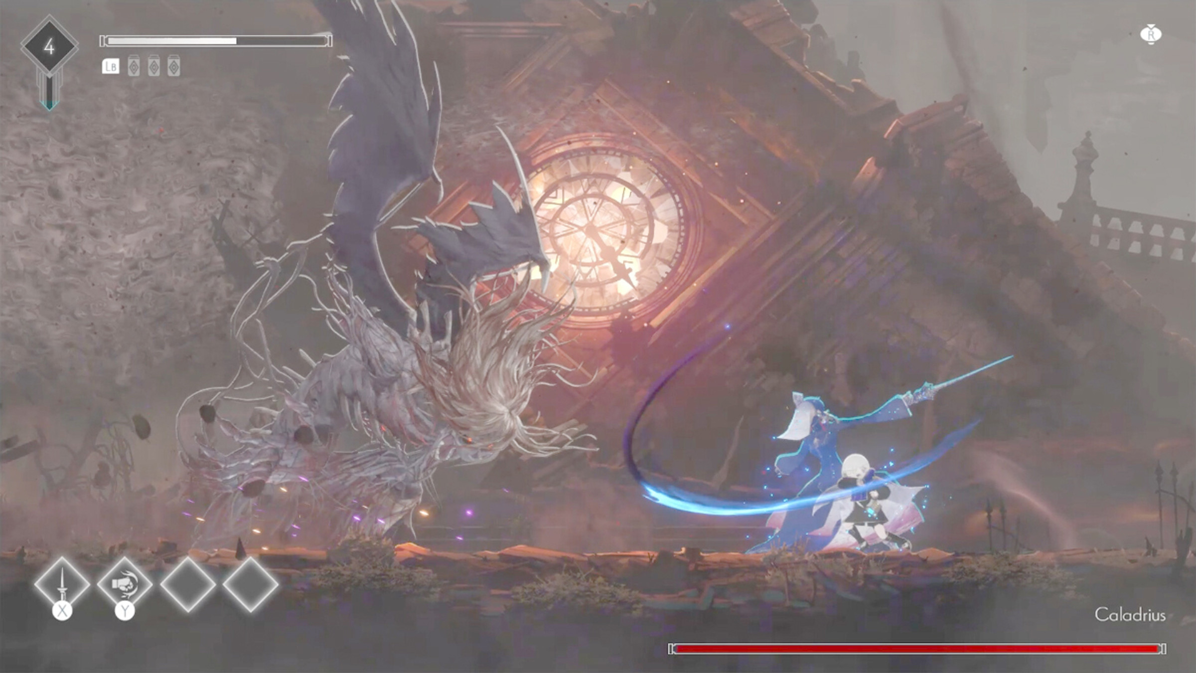 ender-magnolia-combat-metroidvania-contre-un-boss-avec-une-horloge-brisée