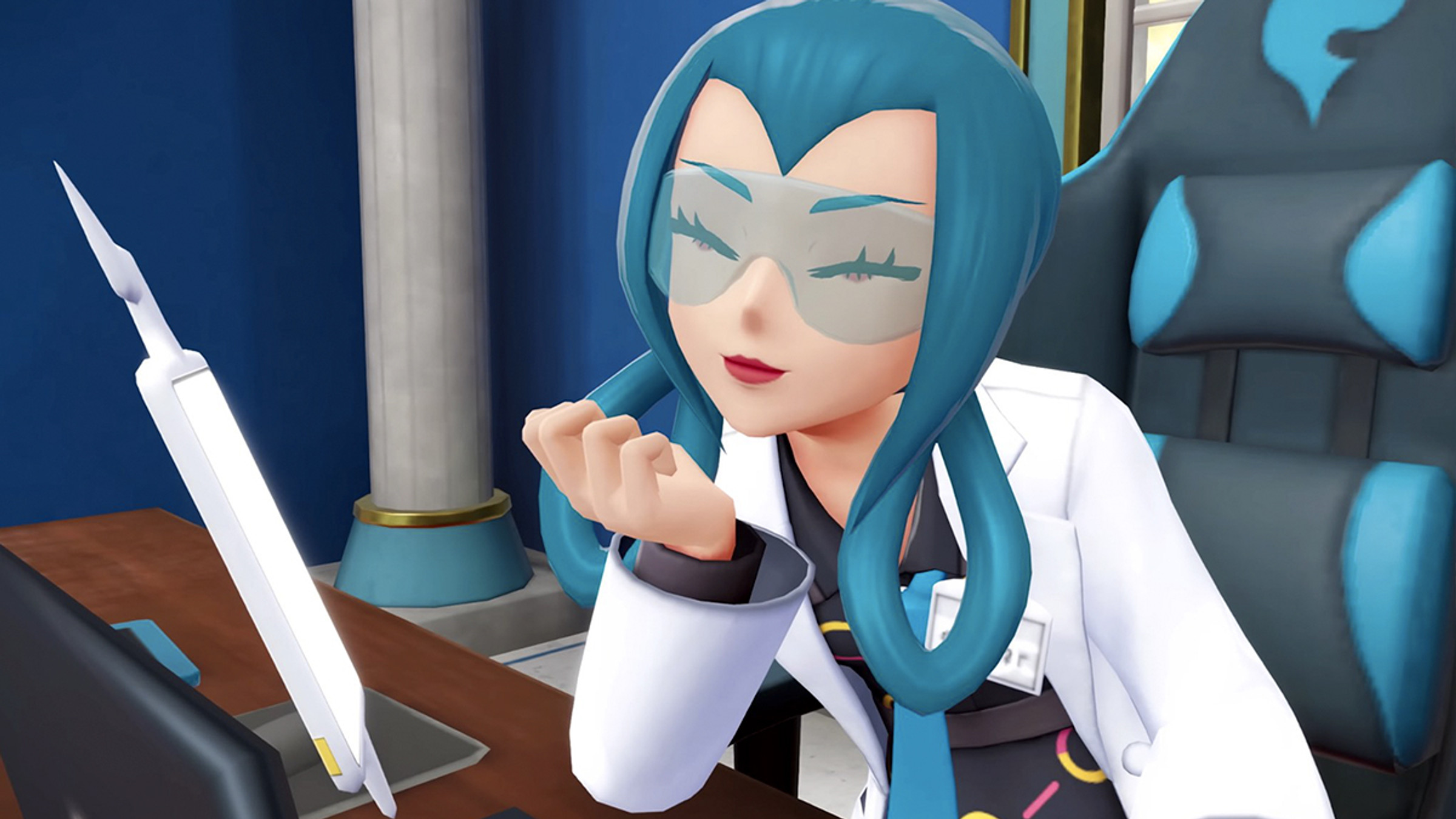 pokemon-legends-z-a-peronnage-cheveux-bleus-assise-sur-une-chaise-avec-son-telephone-pokedex-qui-souris