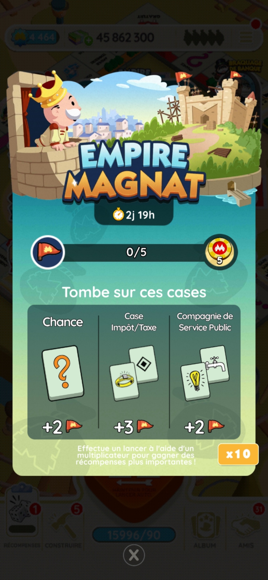 Empire magnat Monopoly GO, paliers, et durée pour l