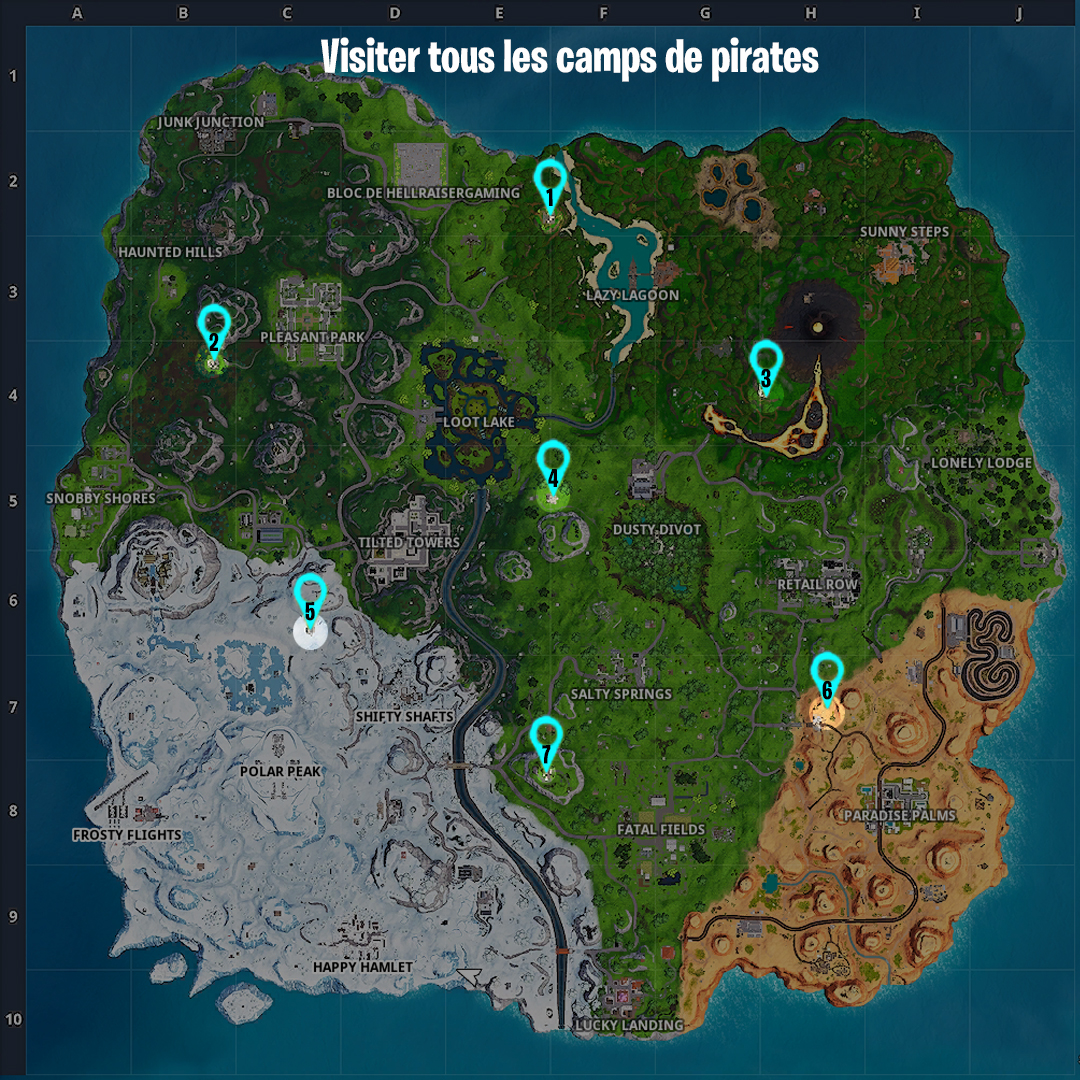 fortnite visiter tous les camps de pirates defi semaine 1 saison - carte de tout les camps de pirate fortnite