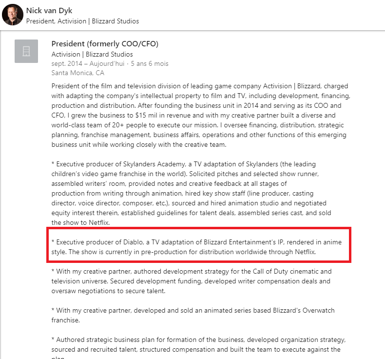 LinkedIn de Nick Van Dyk mentionnant le projet animé Diablo