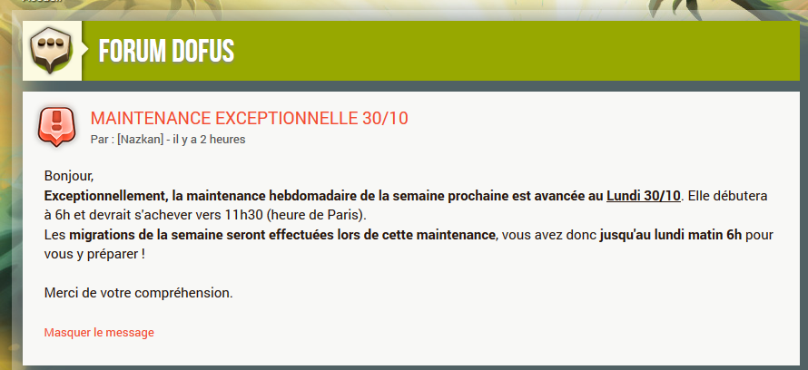 Maintenance terminée en avance