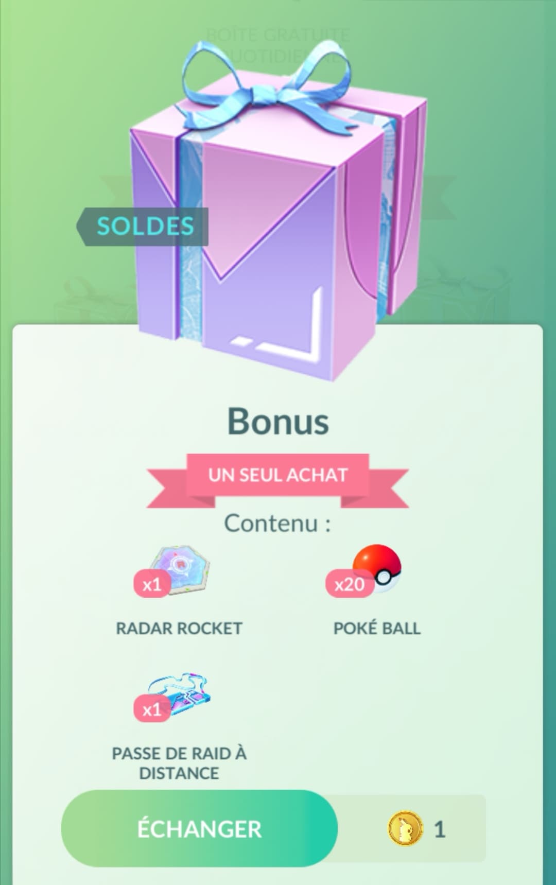 Boîte cadeau en promo sur Pokémon GO : Obtenez 1 Passe de Raid à distance, 1 Radar Rocket et 20 Poké Ball