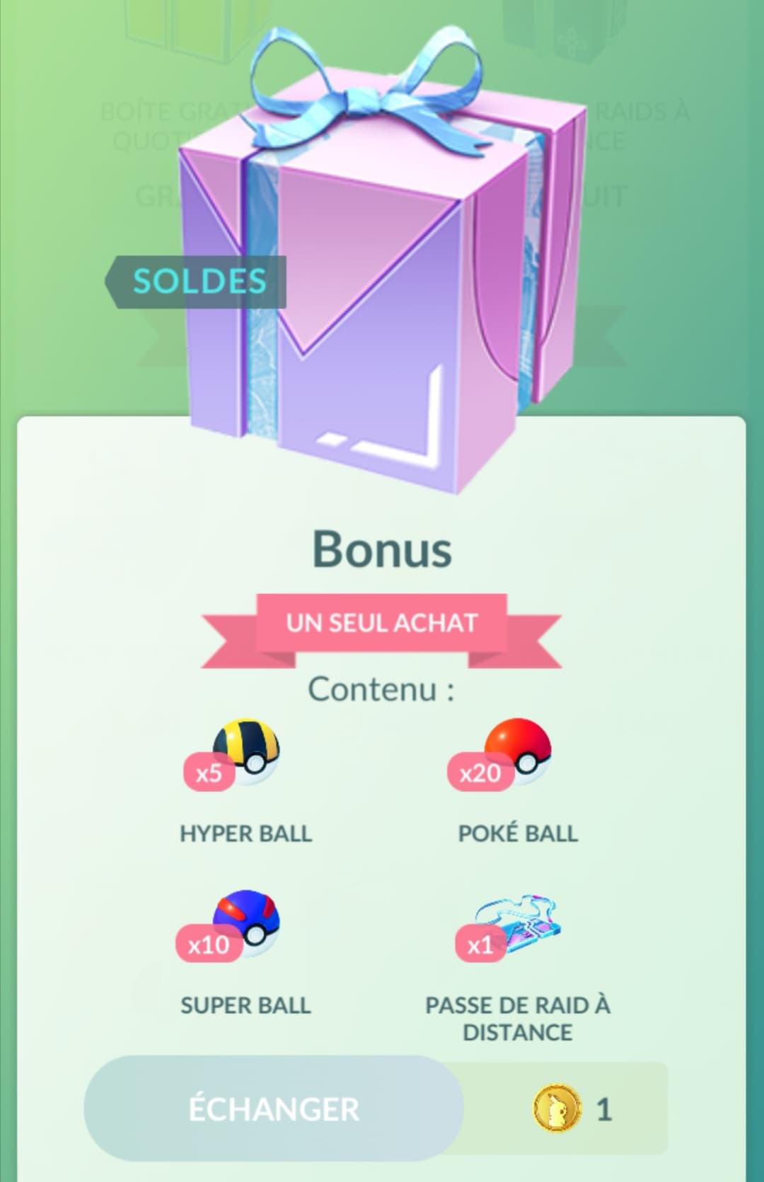 Boîte cadeau en promo sur Pokémon GO : 1 Passe de Raid à distance, 5 Hyper Ball, 20 Poké Ball et 10 Super Ball
