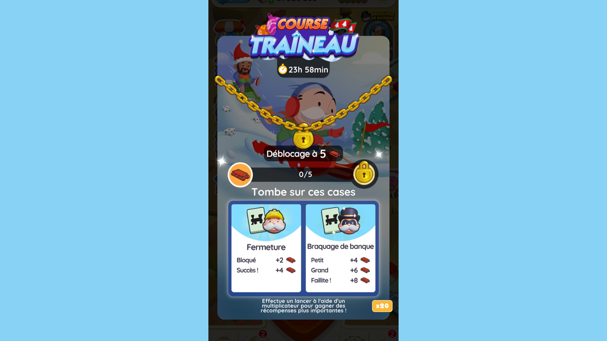 Course traineau Monopoly GO, paliers, et durée pour l