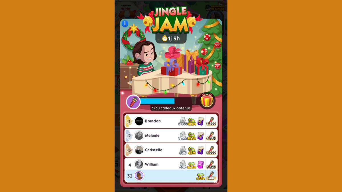 Jingle Jam Monopoly GO, paliers, et durée pour l