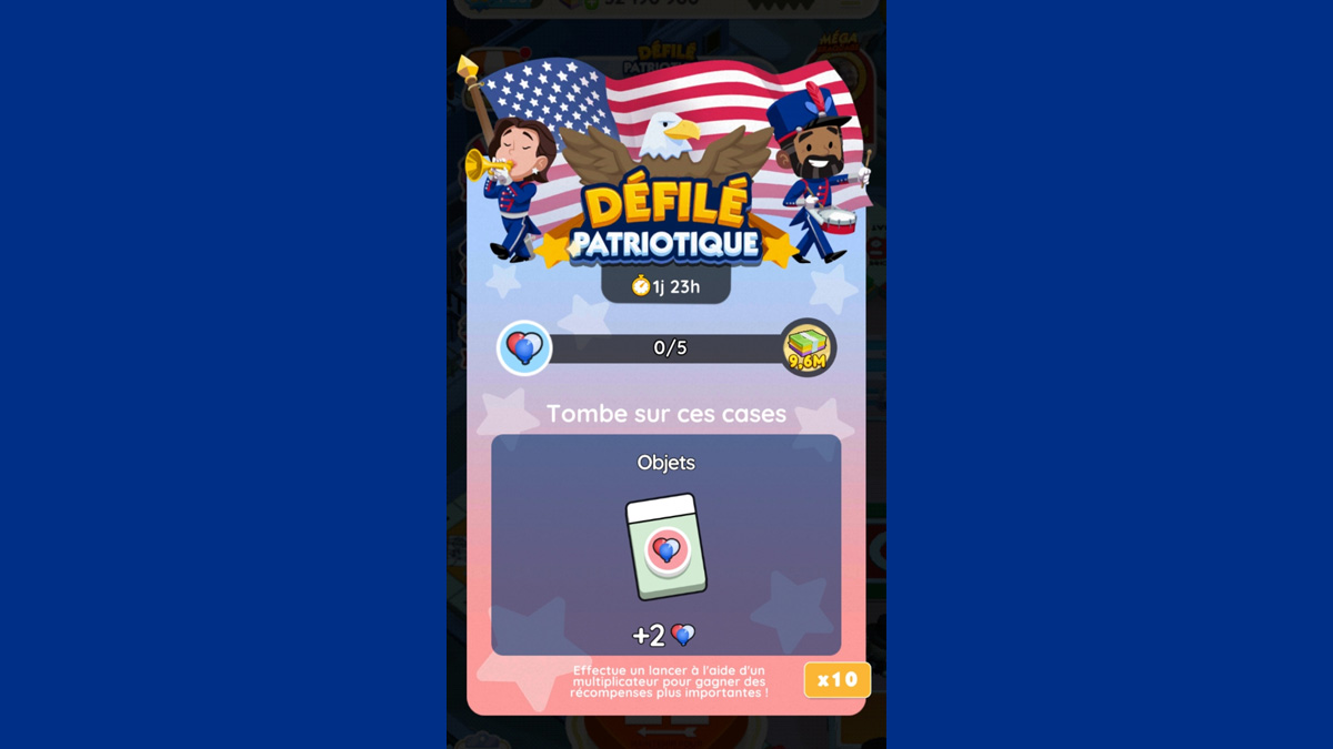 Défilé patriotique Monopoly GO, paliers, et durée pour l