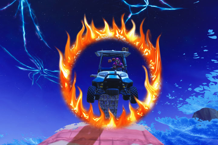 Fortnite : Traverser des anneaux enflammés avec un caddie ou une voiturette tout-terrain, défi semaine 4