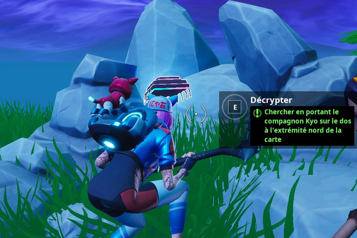 Fortnite : Puce 32 Décryptage, chercher en portant le compagnon Kyo sur le dos à l’extrémité nord de la carte, Défi