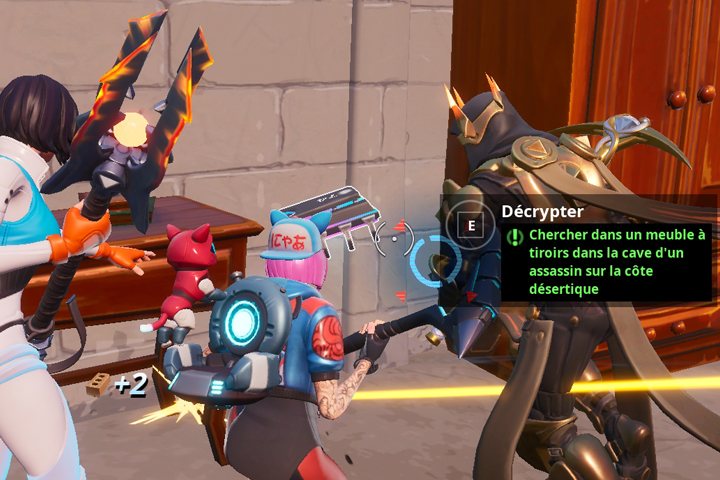 Fortnite : Puce 74 Décryptage, chercher dans un meuble à tiroirs dans la cave d’un assassin sur la côte désertique, Défi