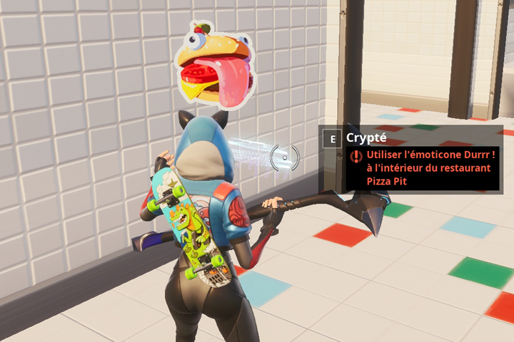 Fortnite : Puce 59 Décryptage, Utiliser l’emote Durrr ! à l’intérieur d’un restaurant Pizza Pit, Défi