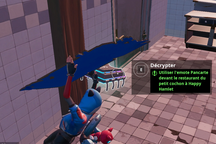 Fortnite : Puce 60 Décryptage, Utiliser l’emote Pancarte devant le restaurant du petit cochon à Happy Hamlet, Défi