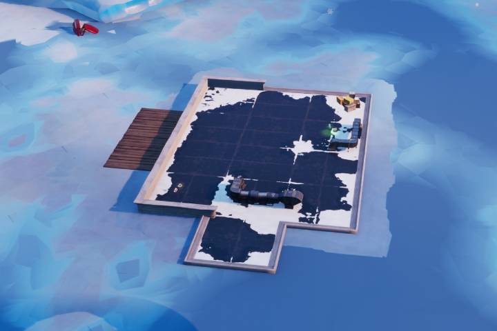 Fortnite : Puce 94 Décryptage, Utiliser la pioche Faux écarlate pour détruire un canoë bleu sous un lac gelé, Défi