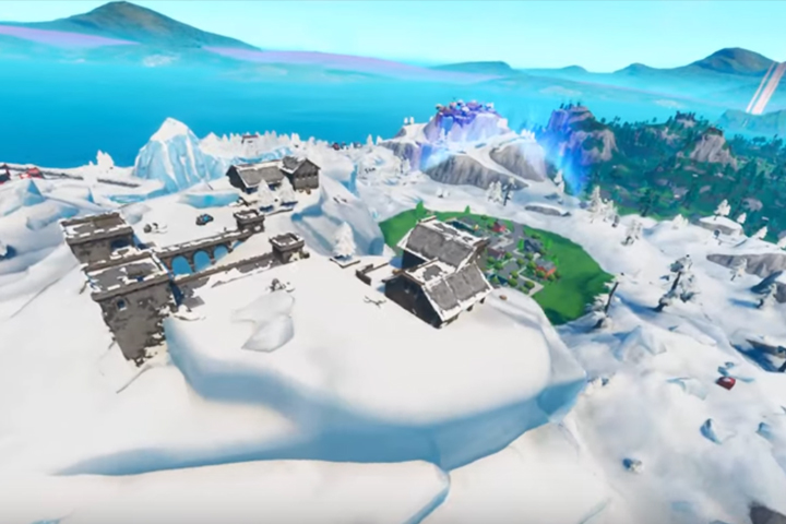 Fortnite : Atterrir à Polar Peak, sur un volcan et en haut d’une colline avec un cercle d’arbres, défi Course Tempétueuse, guide pour le réaliser