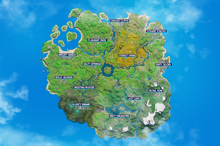 Fortnite : Map Chapitre 2, Saison 1, Nouvelle carte, Toutes les villes, Lieux-dits