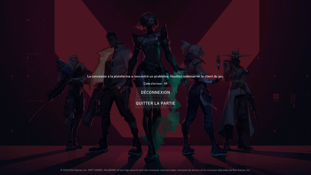 VALORANT : Code erreur 59, impossible de jouer, la plateforme a rencontré un problème de connexion