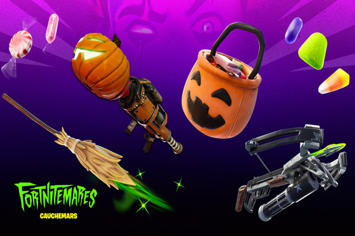 Balai de sorcière, arbalète à démons et lance-citrouilles, armes et objets pour Halloween sur Fortnite