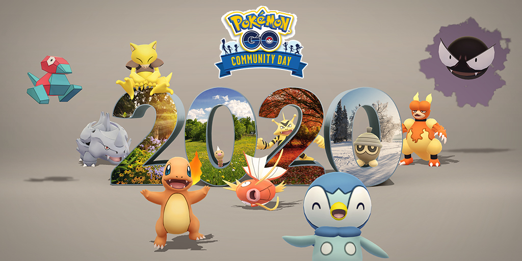 Community Day All Stars 2020 sur Pokémon GO : Salamèche, Aspicot, Abra, Fantominus, Rhinocorne, Élektek, Magmar, Magicarpe, Porygon, Grainipiot et Tiplouf